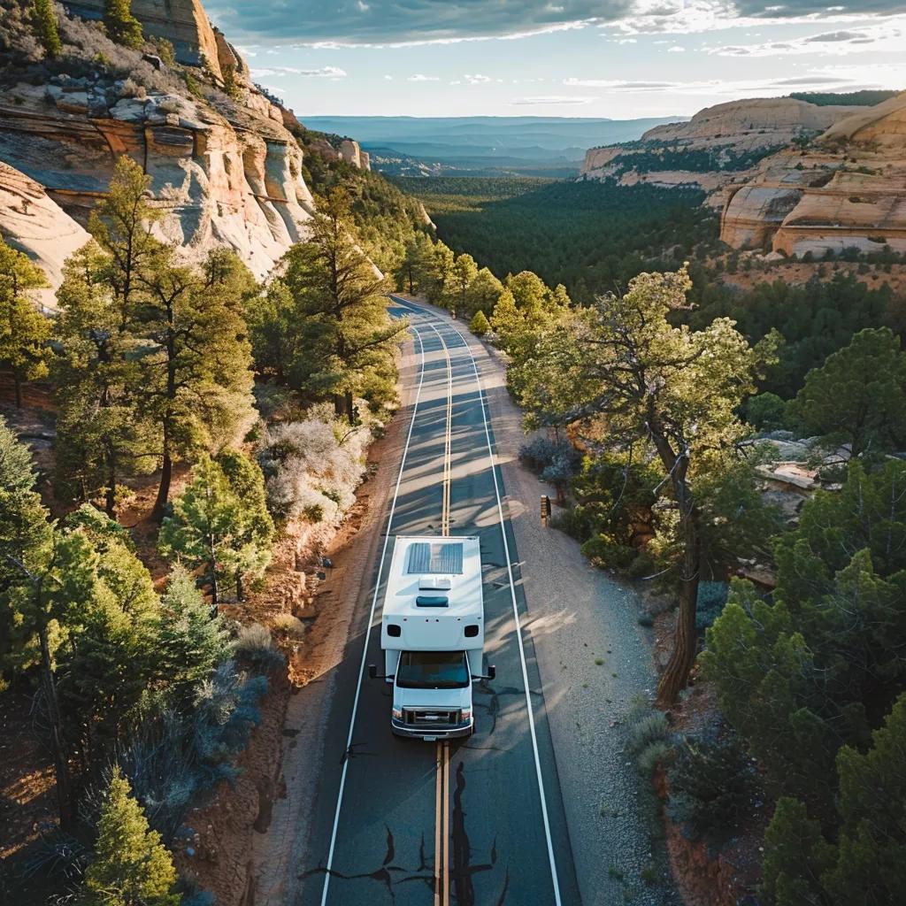 RV driving on scenic road with rooftop solar panels for off-grid power