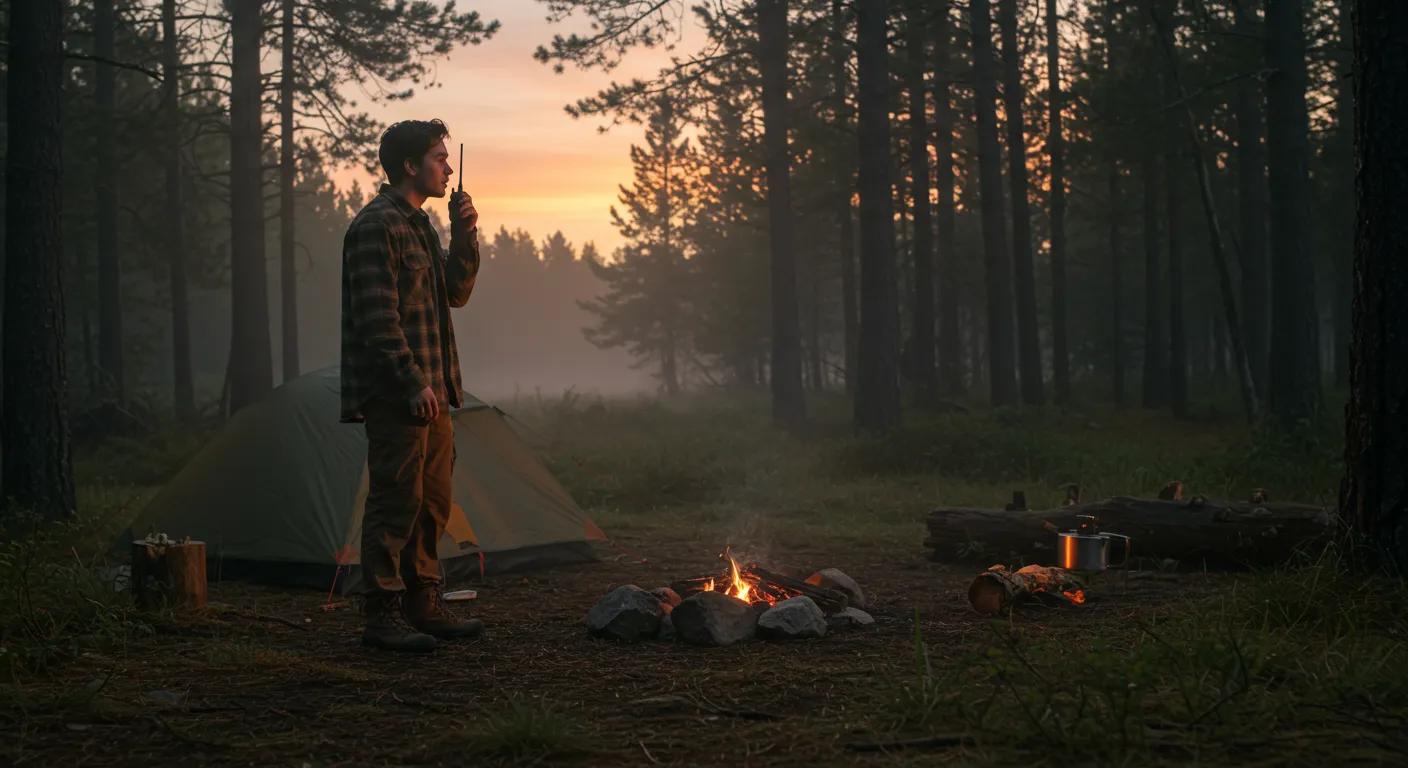 Person standing near campsite in the woods looking out at the horizon while holding a small handheld radio