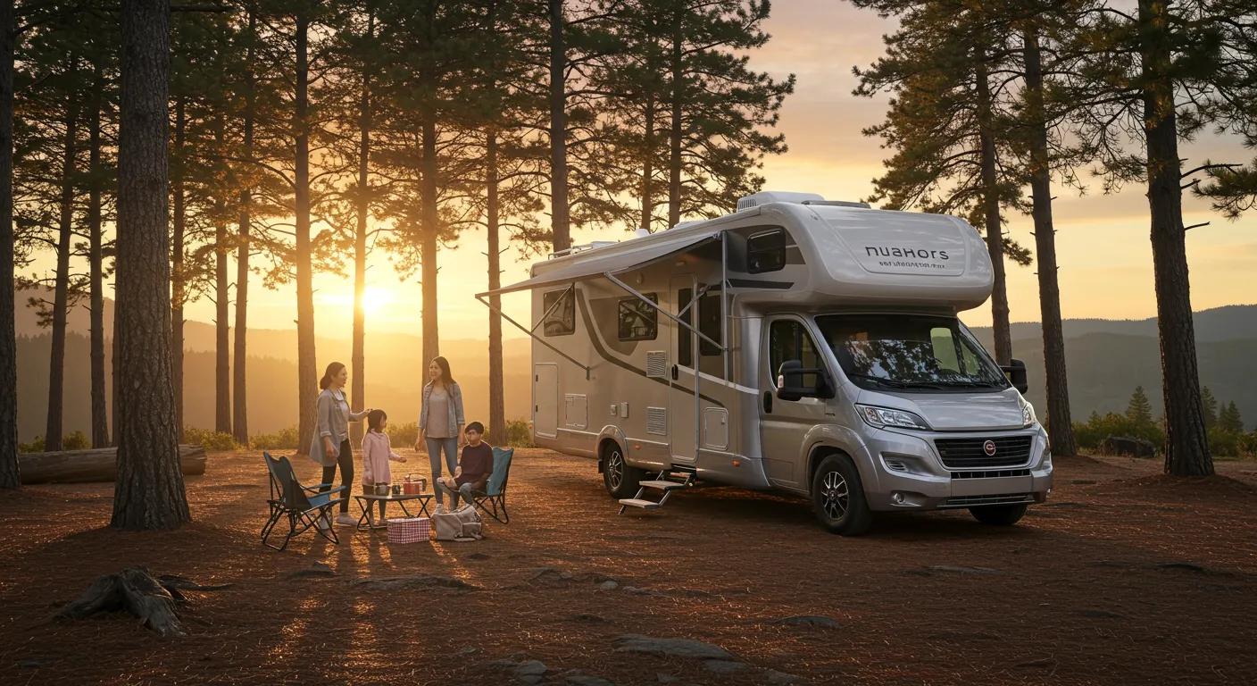 RV parked off-grid at a scenic campsite, representing reliable power for remote travel