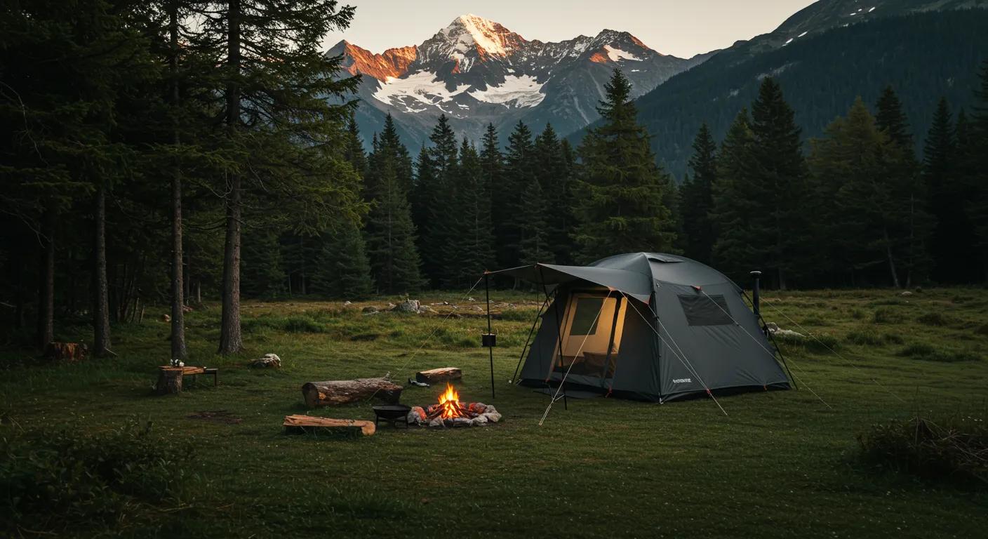 Off-grid campsite in nature with a modern tent