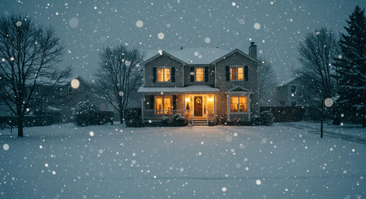 Outside point of view of a family home with lights on during a snow storm