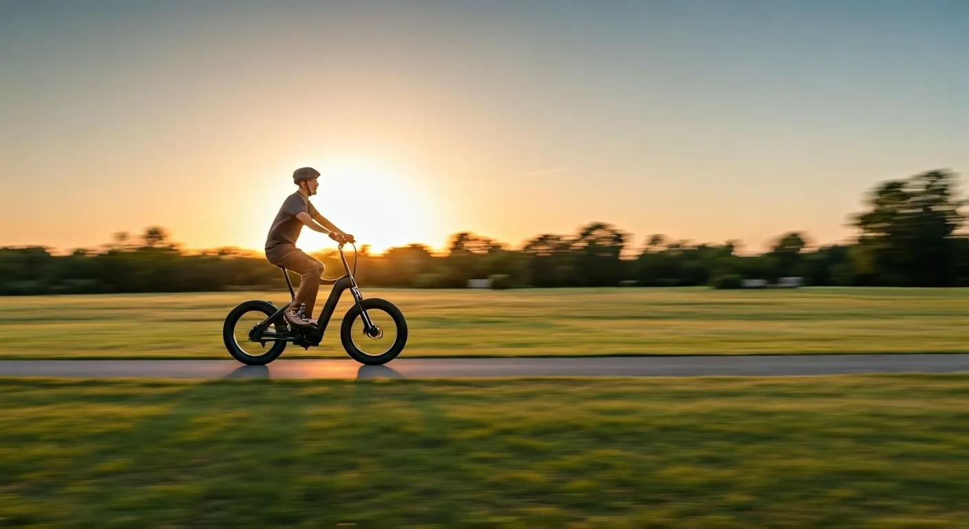 Wide-angle view of a person riding an electric bike on a park trail at sunrise, symbolizing clean energy, sustainable travel, and freedom through e-mobility.