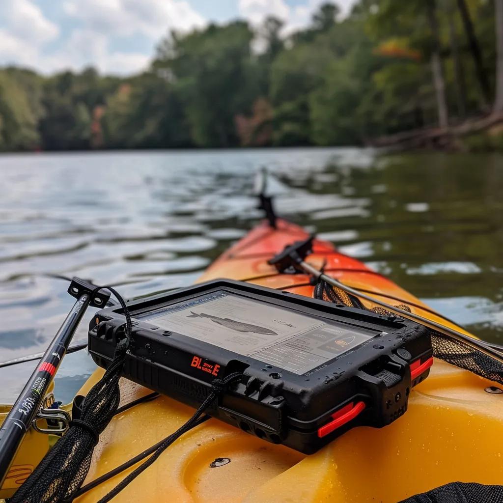 BLF-1215A 12V LiFePO4 battery powering fish finder on kayak deck with waterproof case