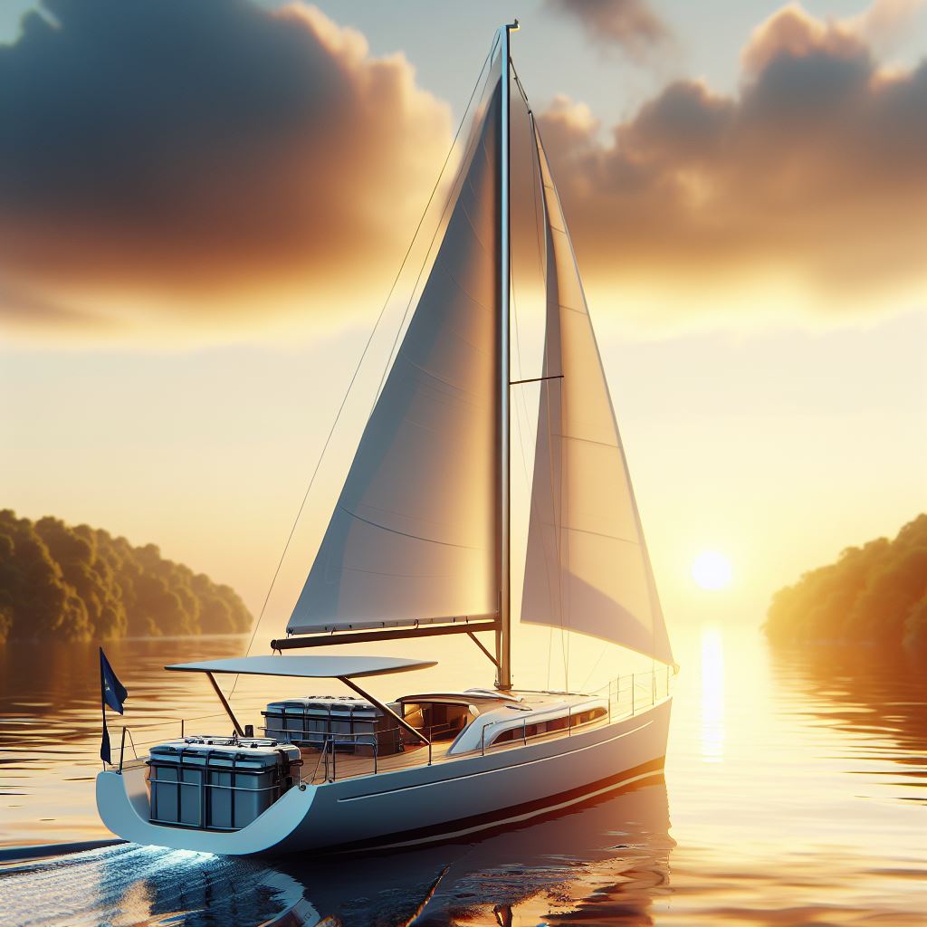 Sail boat with deep cycle marine batteries sailing into the sunset