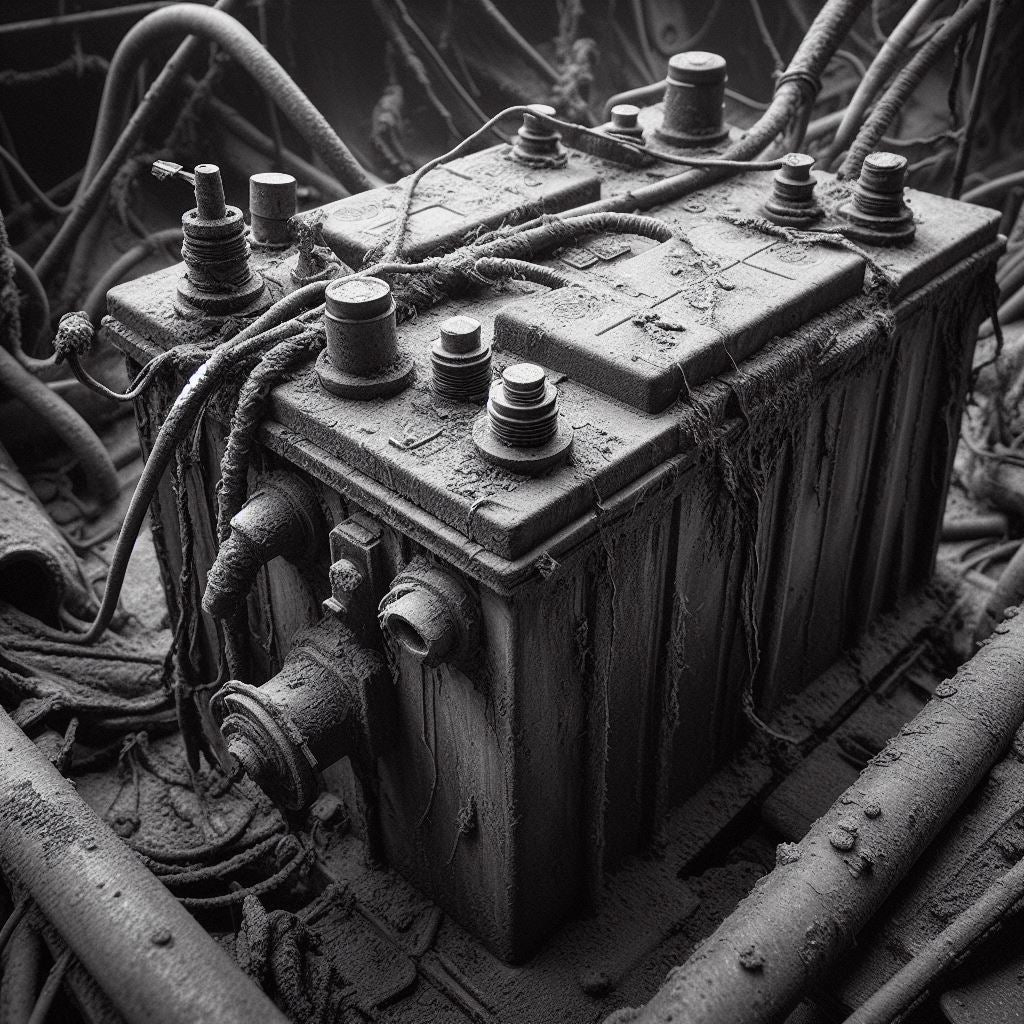 Close-up of a corroded, old marine battery drying out in the hull of a boat, highlighting the effects of wear and saltwater exposure.