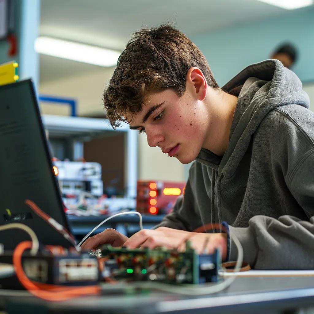 A high school student working on an electronics project at a desk or in a classroom, with a laptop visible. Utilizing bioenno power solutions