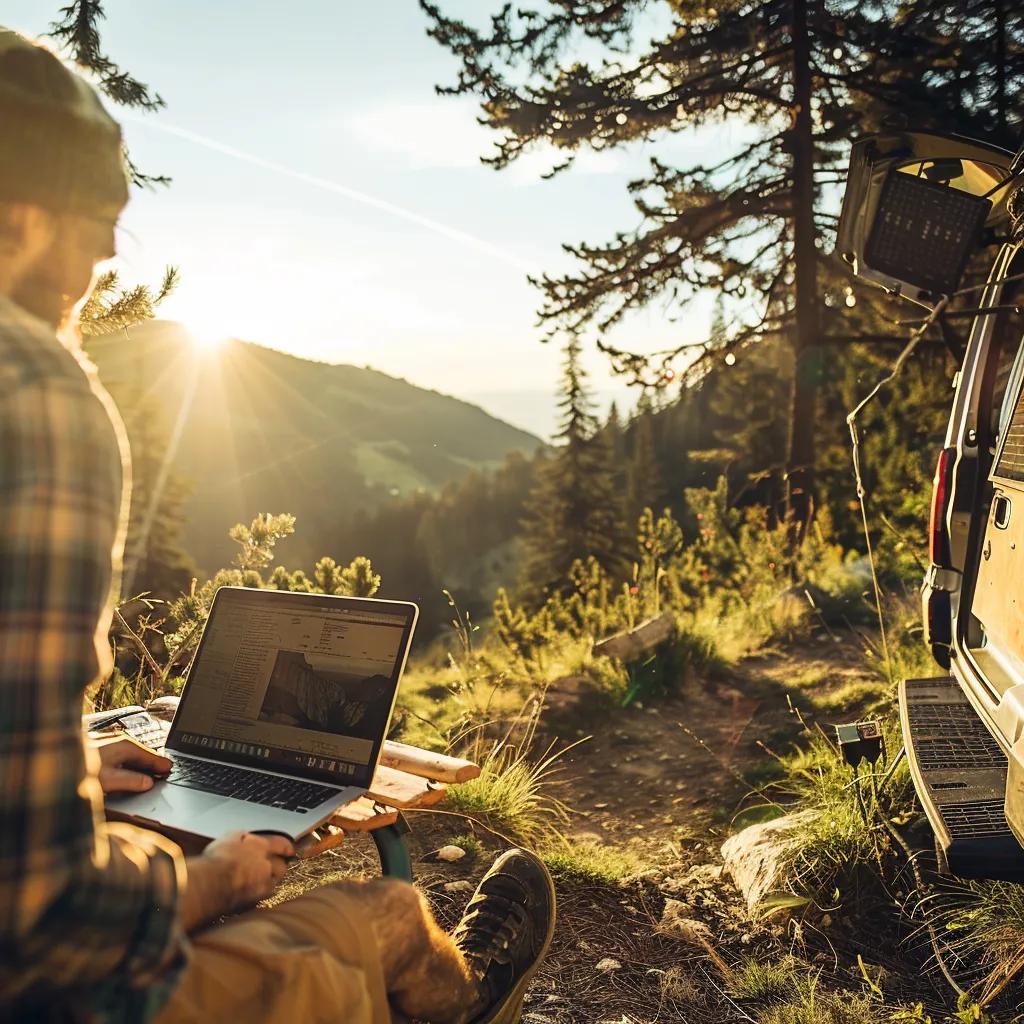 Person using a laptop in a remote, solar-powered setting, representing off-grid technology, sustainable energy use, and innovation in portable power systems.