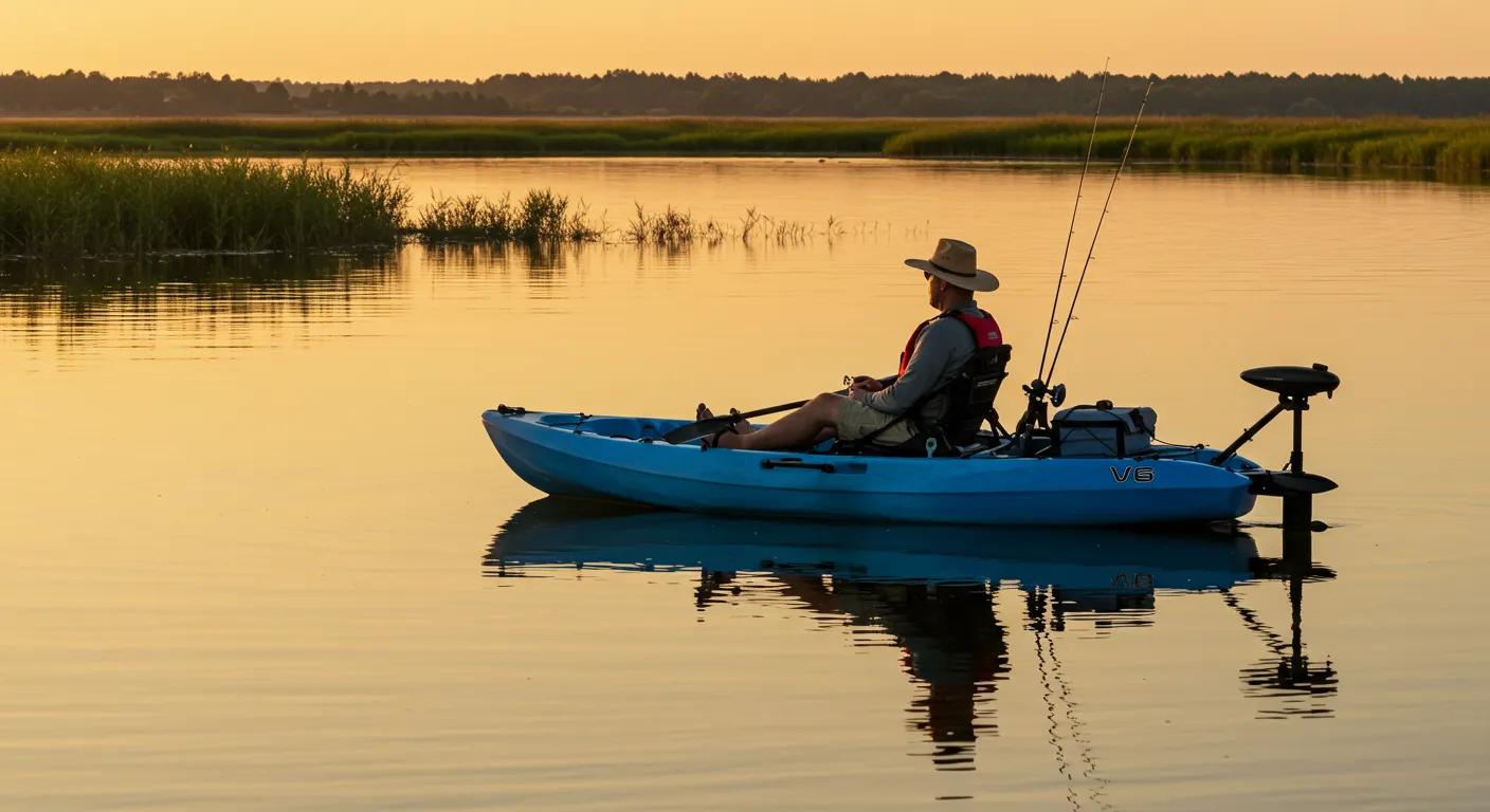 A trolling motor kayak sitting powered by a Bioenno Power battery on a calm lake